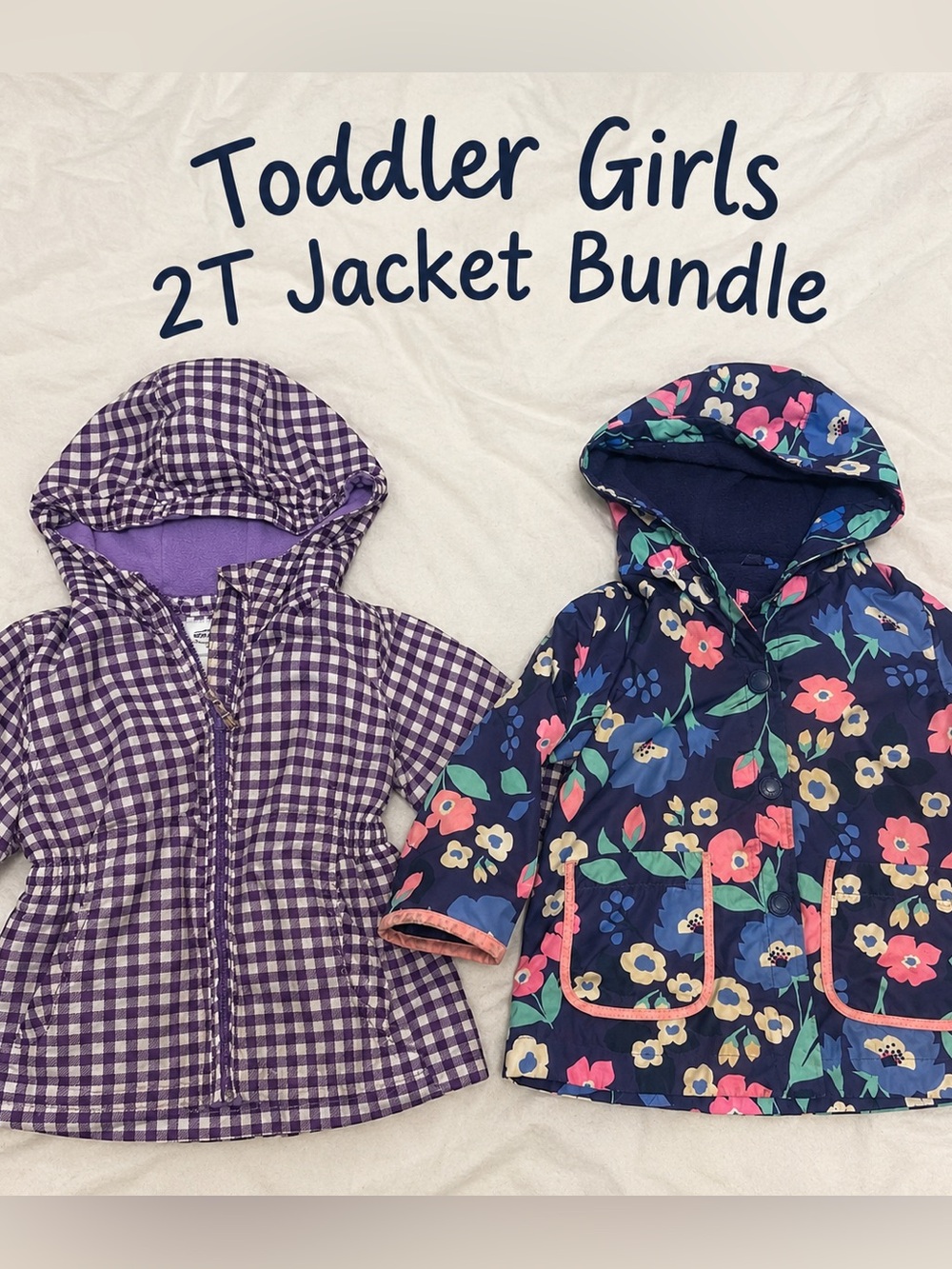 Toddler Girls 2T Jacket Bundle Lot of 2 - Floral Hooded Raincoat Fleece Lined